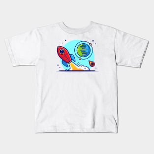 Rocket Taking Off with Planet and Meteorite Cartoon Vector Icon Illustration Kids T-Shirt